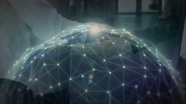 Pointer approaching globe, team gesturing, nodes pulsing and lines forming, showing network growth