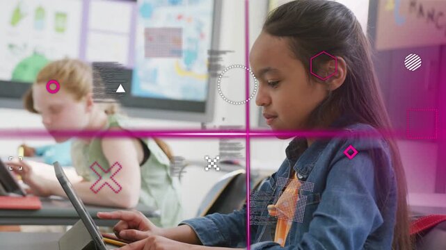 Foreground girl tapping tablet, causing magenta graphics sweeping,reshaping class for learning