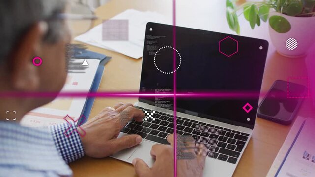 Senior man placing hands on keys, typing code for tech work as magenta overlays crossing laptop