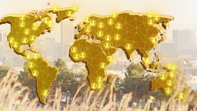 Golden globe map appearing triggers pulsing nodes, drifting sparks and tracing lines showing links