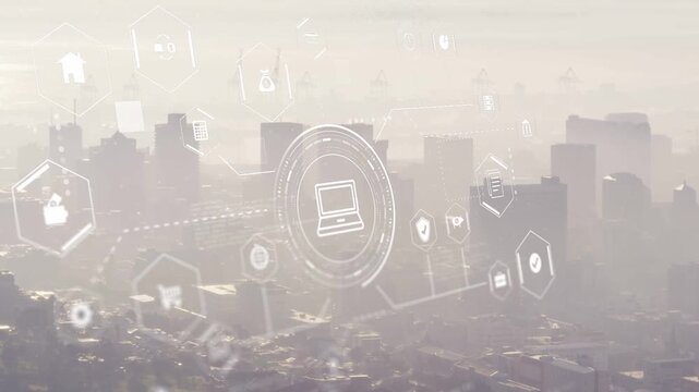 Faint circle emblem appearing, laptop pulsing as hex nodes connecting, forming network over city