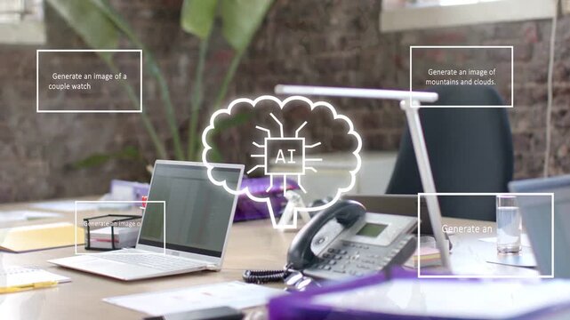 White lines appearing over desk laptop phone, forming AI cloud and generating thumbnails as output