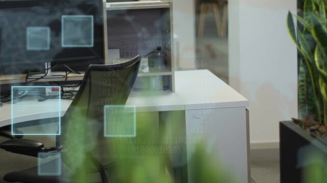 Empty workstation getting cyan markers, shifting and highlighting key points, showing system scan