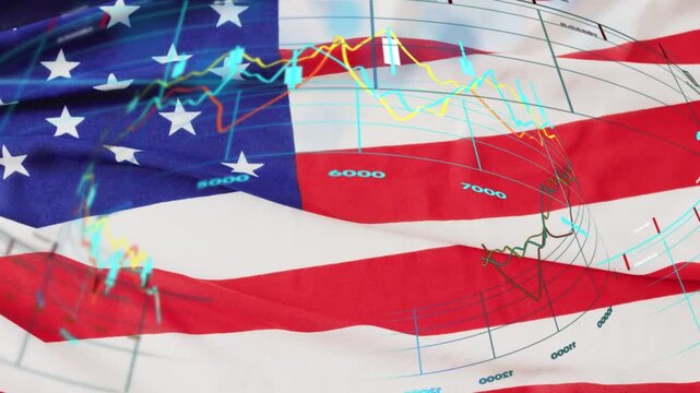 American flag waving, ripple driving overlaid charts while candles blinking, showing market trends