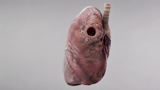 Semi-transparent thorax 3D render showing lung cavitary lesion with surrounding nodules, realistic rib cage, trachea, hilar structures, clinical anatomy visualization, medical illustration