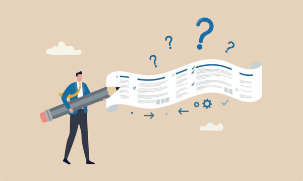 Long and efficiency management concept, smart confident businessman carrying big pencil thinking to write many to do list on long paper
