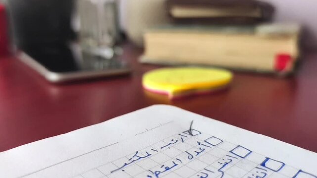 Hand ticking off a desk organization task from a list with a pencil
