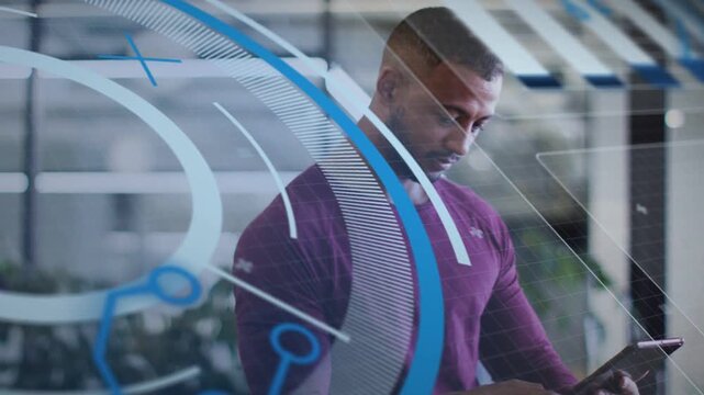 Businessman tapping smartphone and scrolling by glass, causing blue circle sliding revealing report