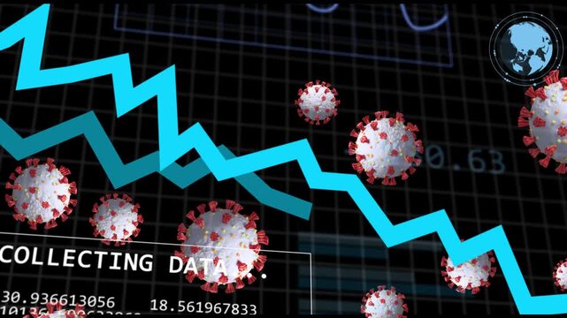 COLLECTING DATA prompt, virus entering spreading, cyan line falling, charts showing trend