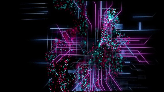 Vertical spine pulsing pink and cyan clouds joining from particle spark circuitry mapping data flow