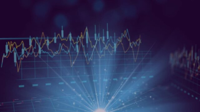 Holographic chart pulsing central light emitting particles, driving trend lines showing market