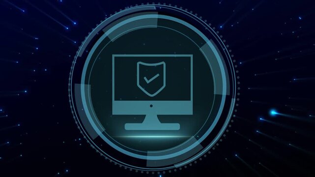 Cybersecurity title fading, HUD forming, monitor shield forming, scan sweeping, showing protection