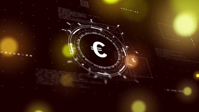 Bokeh haze clearing, central HUD rotating and tilting, highlighting euro symbol for fintech demo