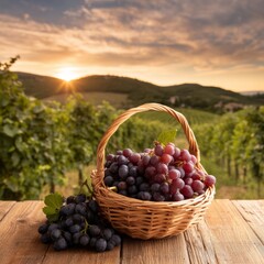 Obraz premium Basket of Grapes on a Wooden Table in a Vineyard at Sunset Near Hills