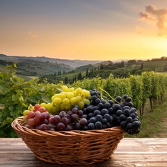 Obraz premium Basket of Grapes on a Wooden Table in a Vineyard at Sunset Near Hills