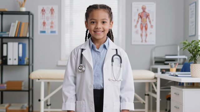 Young African American girl dressed as doctor with stethoscope in medical office, smiling with confidence, showcasing aspirations in healthcare.