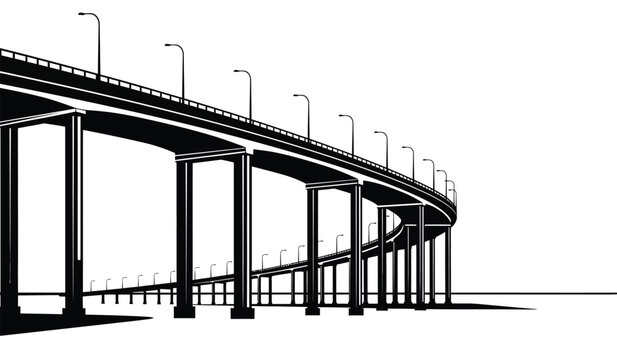 Black silhouette of a curving highway bridge with streetlights against a white background silhouette high quality professional detailed modern elegant stylish clean crisp vibrant
