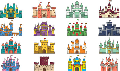 Large collection of colorful fairy tale castle vector illustrations featuring medieval fortresses, royal palaces, and magic kingdoms with towers and flags isolated on white background. © MDSaiful