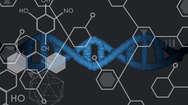 On loop blue DNA helix twisting, squeezing, hex moving, polyhedron shifting, showing molecule links