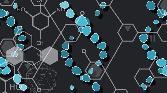 Scattered teal petals aligning moving rotating forming 3 spiral chains visualizing molecular grid