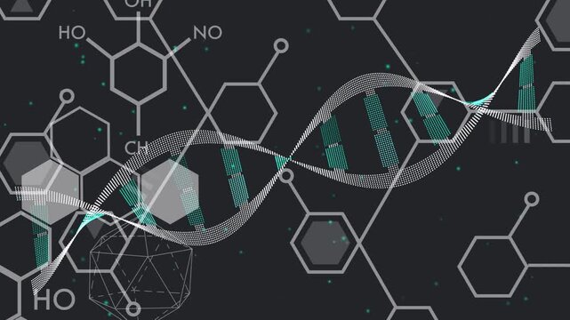 Pulse starting left, DNA helix oscillating, teal bars pulsing, hex shifting, visualizing molecules