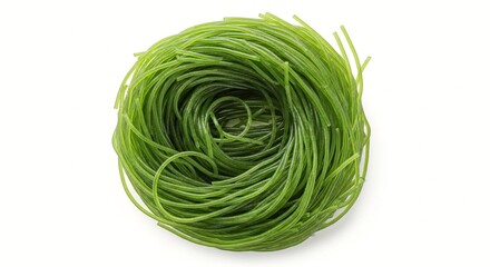 Fototapeta premium A neatly arranged bundle of green noodles on a white background