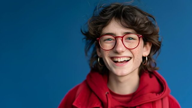Young person with curly hair and red glasses smiles gently. They wear a red hoodie, standing before a solid blue backdrop. Their expression feels calm, thoughtful, and approachable