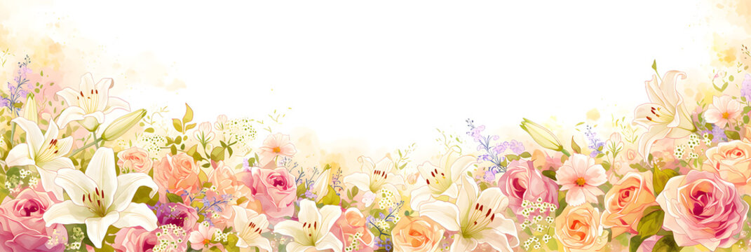 華やかな水彩画の百合と薔薇のフラワーボーダー、明るいエレガントな背景素材