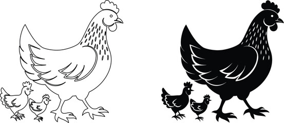 Hen and chicks line art and silhouette vector illustration for design or print projects. © nidrarani