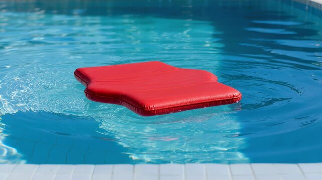 Empty floating mat on crystal clear swimming pool water, vibrant red color creating a striking visual impression.