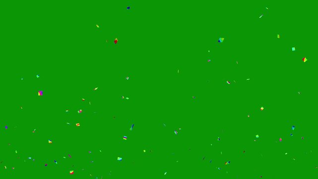Colorful 3D animation of confetti falling on green Screen Background. Celebrate the holidays. Christmas celebration and realistic high resolution footage, birthday party, anniversary party. 4K