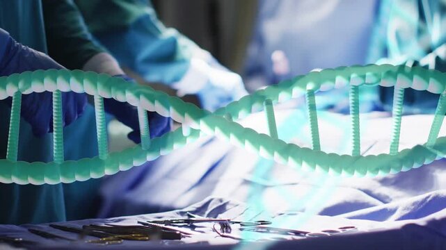 Surgical hands reaching tray lining forceps on drape prepping while DNA helix drifting over hands
