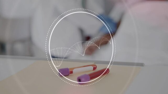 Blood tubes resting as pulsing graphic and camera pulling back, nurse drawing blood for lab testing