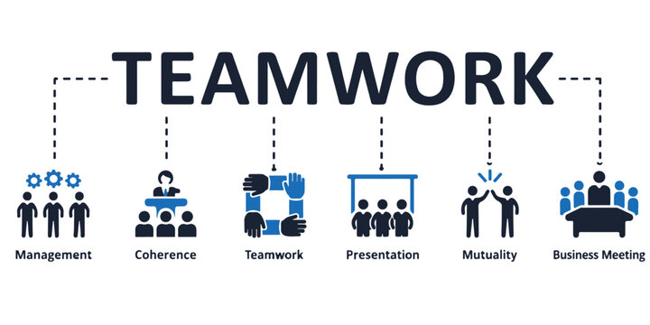 Teamwork business icon set with management and coherence symbols. Corporate collaboration vector elements for presentation and mutuality. Professional business meeting infographics.