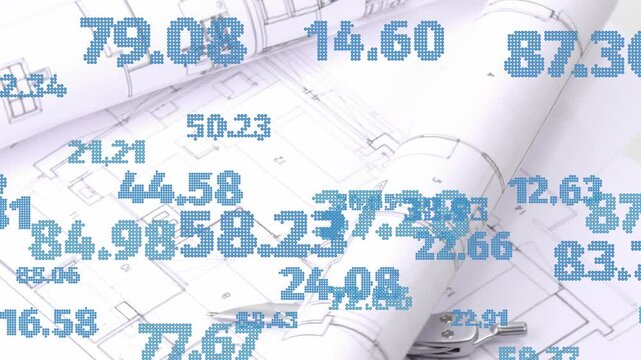 Rolled blueprints with numeric overlay appearing drifting revealing plans, pencil to inform design
