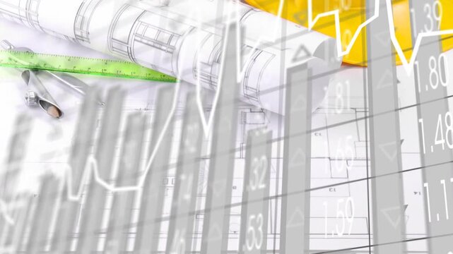 Plans and tools showing data, graphics sliding in starting bars rising, lens zooming plan for audit