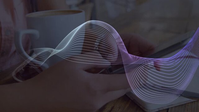 Woman's hands holding phone near mug, thumb resting then tapping, waveform sweeping technology demo