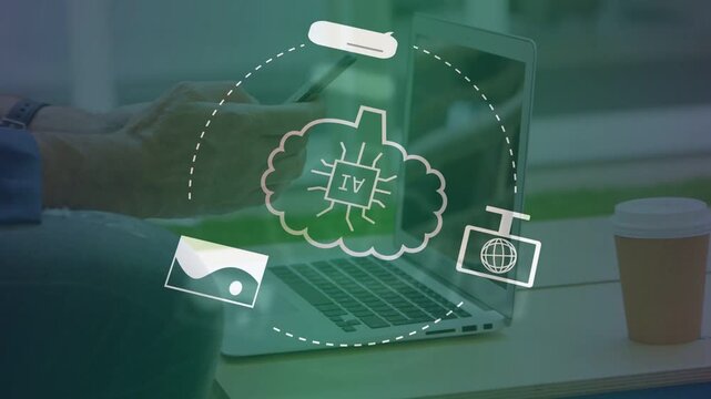 Seated man tapping phone above laptop, drawing morphing into AI brain with orbiting icons for data