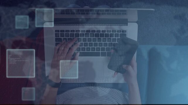 User typing while UI squares entering from left highlighting keyboard and phone for tech data