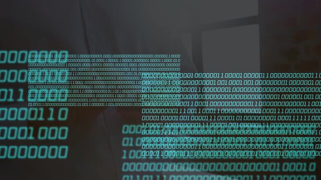 Man tapping phone with both thumbs in tech office cyan binary panels overlaying torso showing data