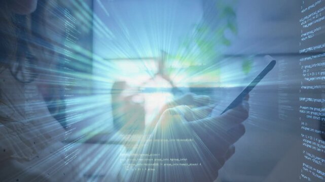 Right hand with phone tapping causing code overlay forming data tunnel revealing profile for tech