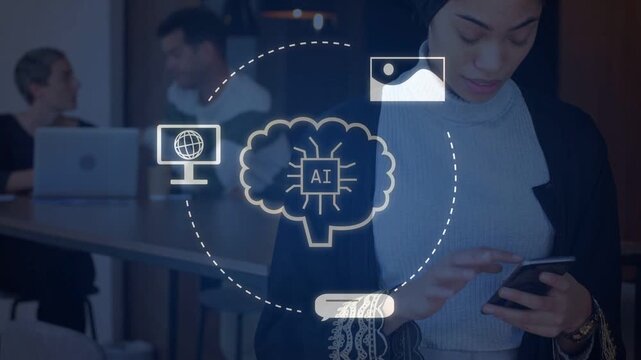 Woman tapping phone causing AI brain overlay growing over torso, binary icons connecting devices