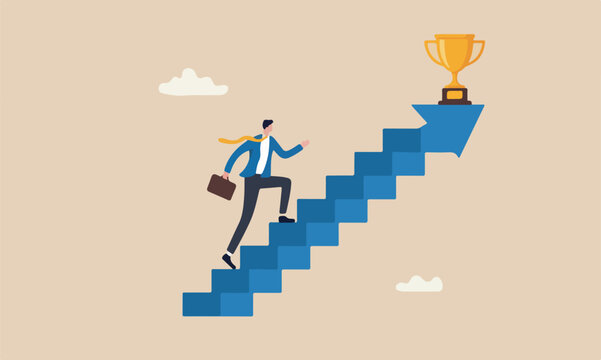 Business concept, businessman walking up staircase with rising arrow into high sky to winning trophy the final top section