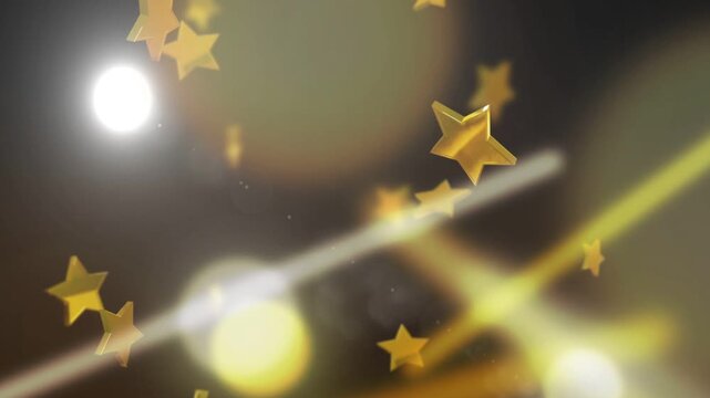 Bright orb sparking smoky trail, gold 3D stars drifting inward, rotating, forming cluster for depth
