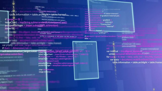Gradient appearing, UI windows emerging and drifting, code and binary cascading, visualizing data
