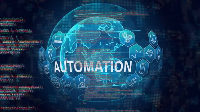 Code cascading, globe rotating, AUTOMATION appearing, hex icons orbiting visualizing automation