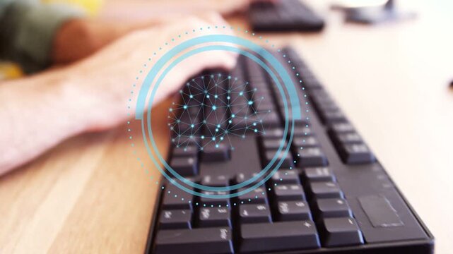 Right hand clicking mouse triggers blue HUD pulsing while both hands typing, showing AI workflow