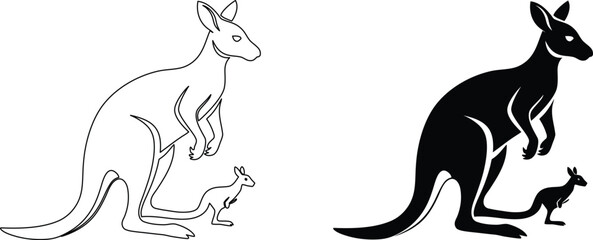 Kangaroo and joey black and white outline and solid fill vector image on transparent background. © nidrarani