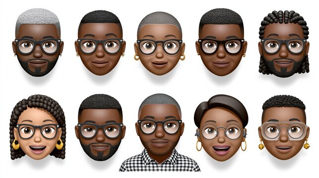 Diverse Collection of Modern Black Avatars with Glasses and Varied Hairstyles