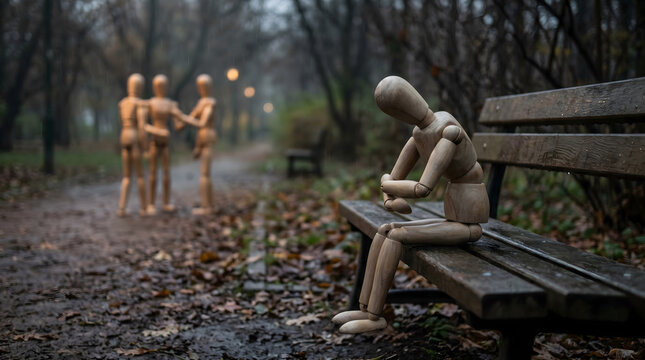 Wooden mannequin feeling lonely watching people interacting